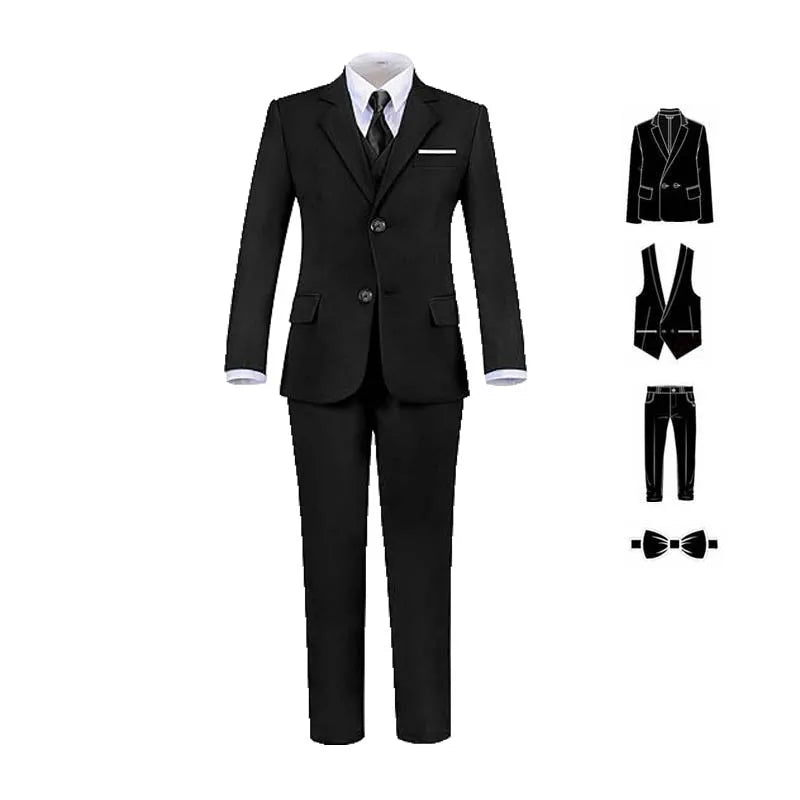 Child 4 Pieces Jacket Vest Pants Tie Black 007 Photograph Suit Gentleman Kids Skinny Piano Dress Boys Host Evening Party Costume