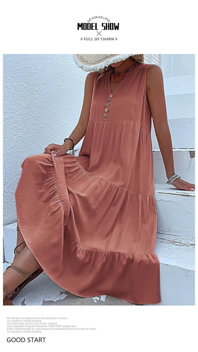 Dresses for Women 2025 Summer V-neck Single-breasted Vest Dress Sleeveless Loose Casual Solid Color Dress Vestidos De Mujer