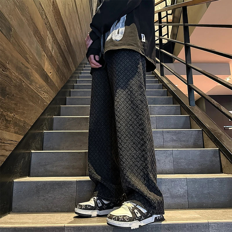 Jeans men Fashion hombre Jacquard Pattern Denim Pants Male Straight Fitting Baggy Bottoms Distressed Wide Jeans For Men