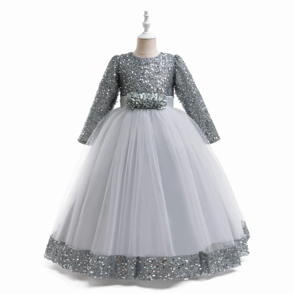 Christmas Princess Dress For Girls Children Costume Long Sleeve Sequin Wedding Evening Vestidos Kids Girl Birthday Party Dresses
