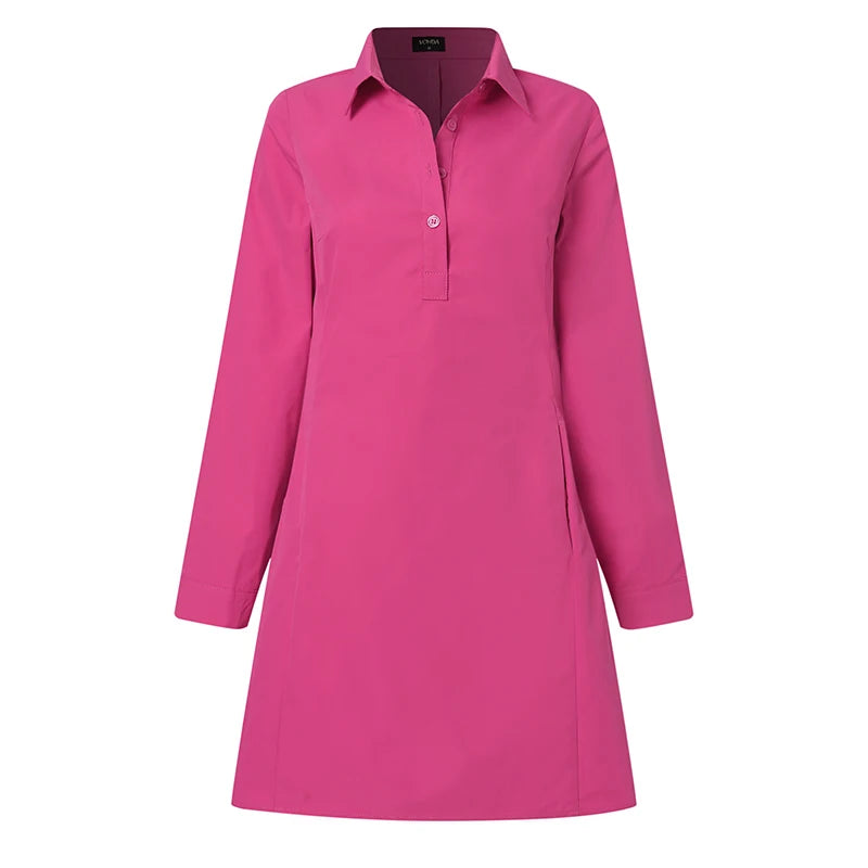 VONDA 2025 Summer Shirt Dress Women Elegant Long Sleeve Solid Color Sundress Casual Loose Buttons Pockets Short Mini Vestidos