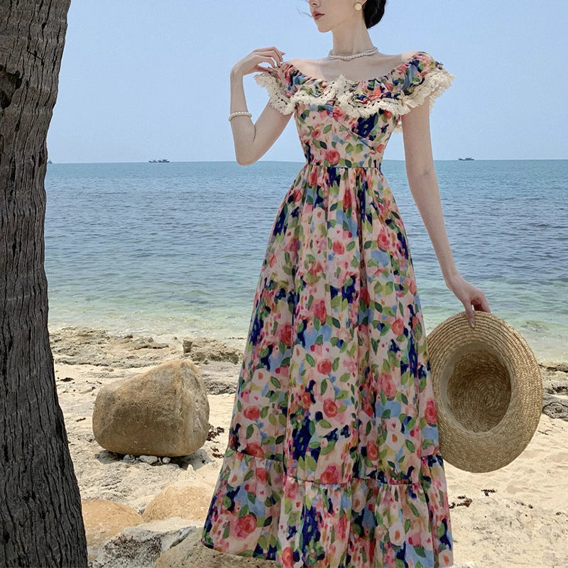 Elegant Dress for Women Print Slash Neck French Style Fashion Dresses Pleated Slim Folds Sweet Vintage New Women's Summer Dress