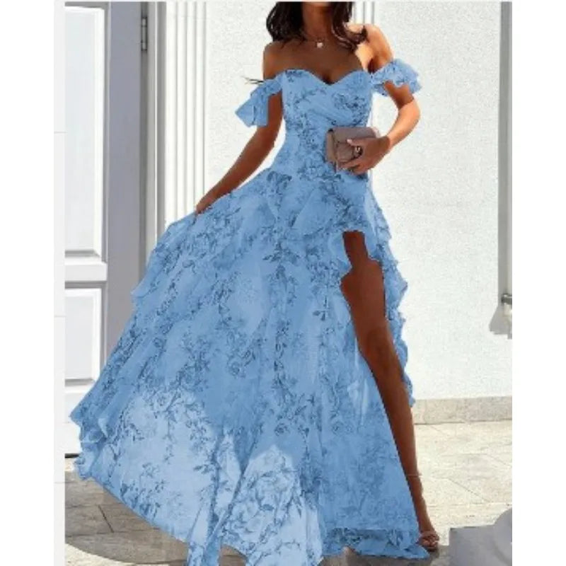 Elegant Party Dresses for Women 25 New Casual Fashion Print Trend Sexy Spicy Girl Off Shoulder Strap Split Waist Dress Vacation