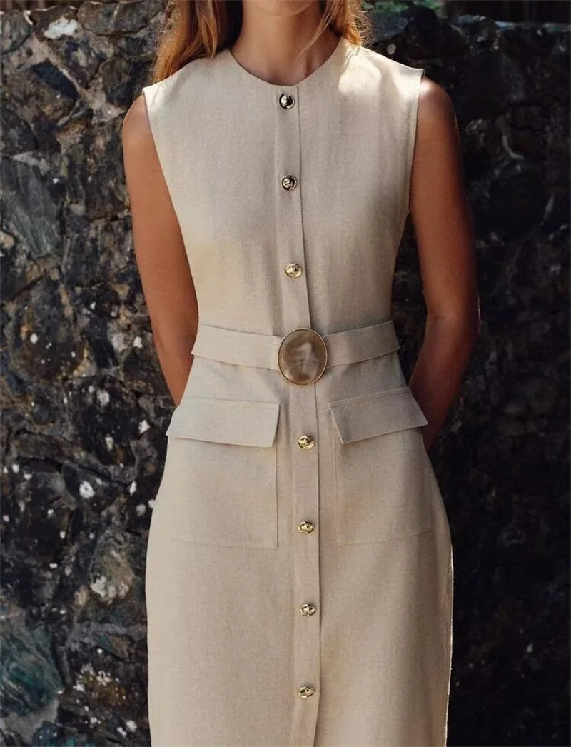Women's Dresses 2025 New Linen Blend Button Trim Midi Skirt Elegant and chic women's long dress
