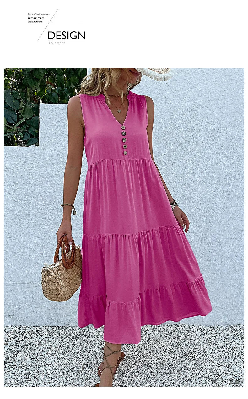 Dresses for Women 2025 Summer V-neck Single-breasted Vest Dress Sleeveless Loose Casual Solid Color Dress Vestidos De Mujer