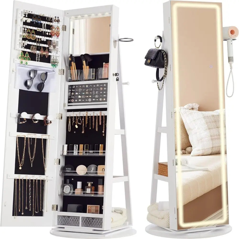 IRONCK LED Mirror Jewelry Cabinet Standing,360° Swivel Lockable Jewelry Armoire with Full Length Mirror and Adjustable LED Light