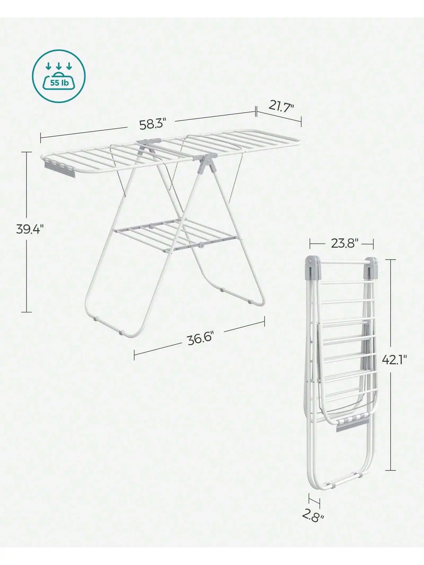 SONGMICS Clothes Drying Rack, With Sock Clips, Metal Laundry Rack, Foldable, Space-Saving, Free-Standing Airer, With Height-A