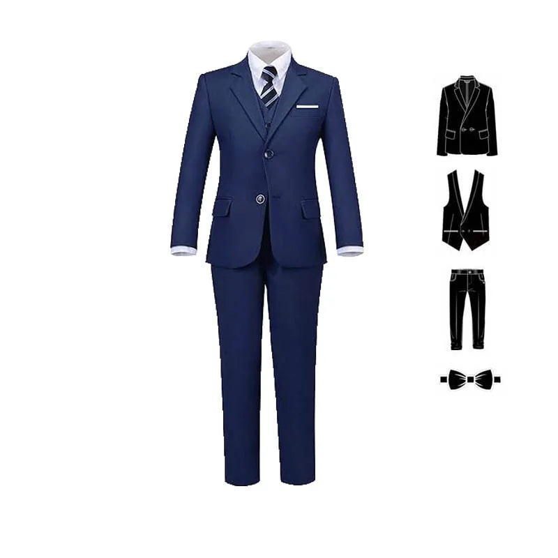 Child 4 Pieces Jacket Vest Pants Tie Black 007 Photograph Suit Gentleman Kids Skinny Piano Dress Boys Host Evening Party Costume