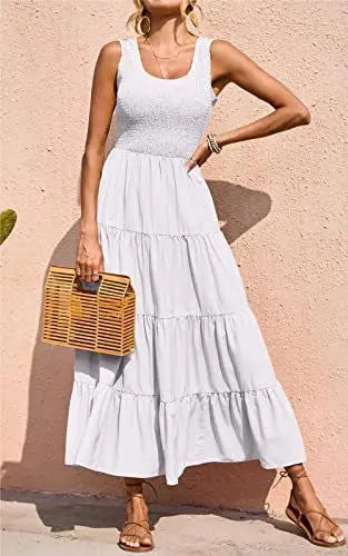 Dresses For Women 2024 Summer Sexy Elegant Sleeveless Floral Solid Color Long Dress Fashion Elastic Waist Beach Party Big Swing