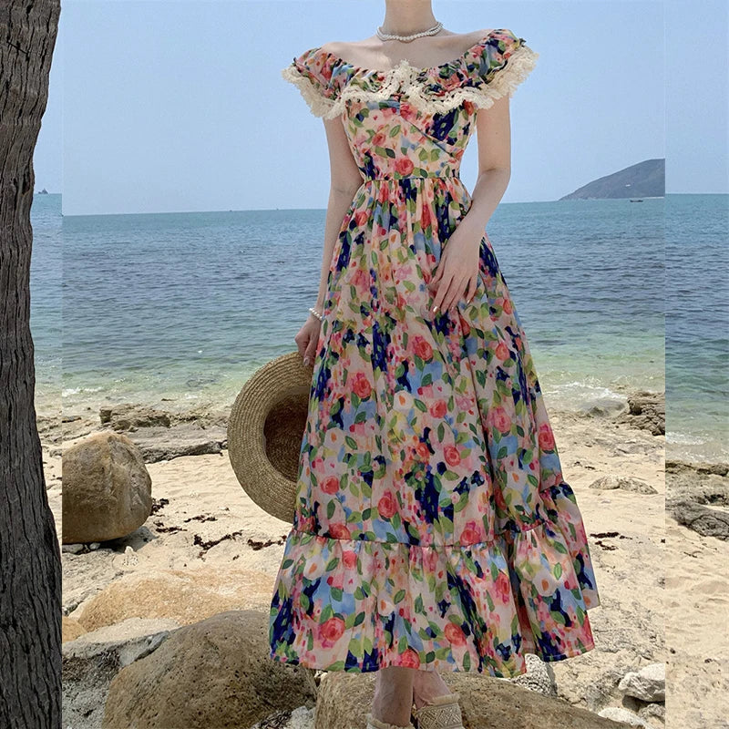 Elegant Dress for Women Print Slash Neck French Style Fashion Dresses Pleated Slim Folds Sweet Vintage New Women's Summer Dress