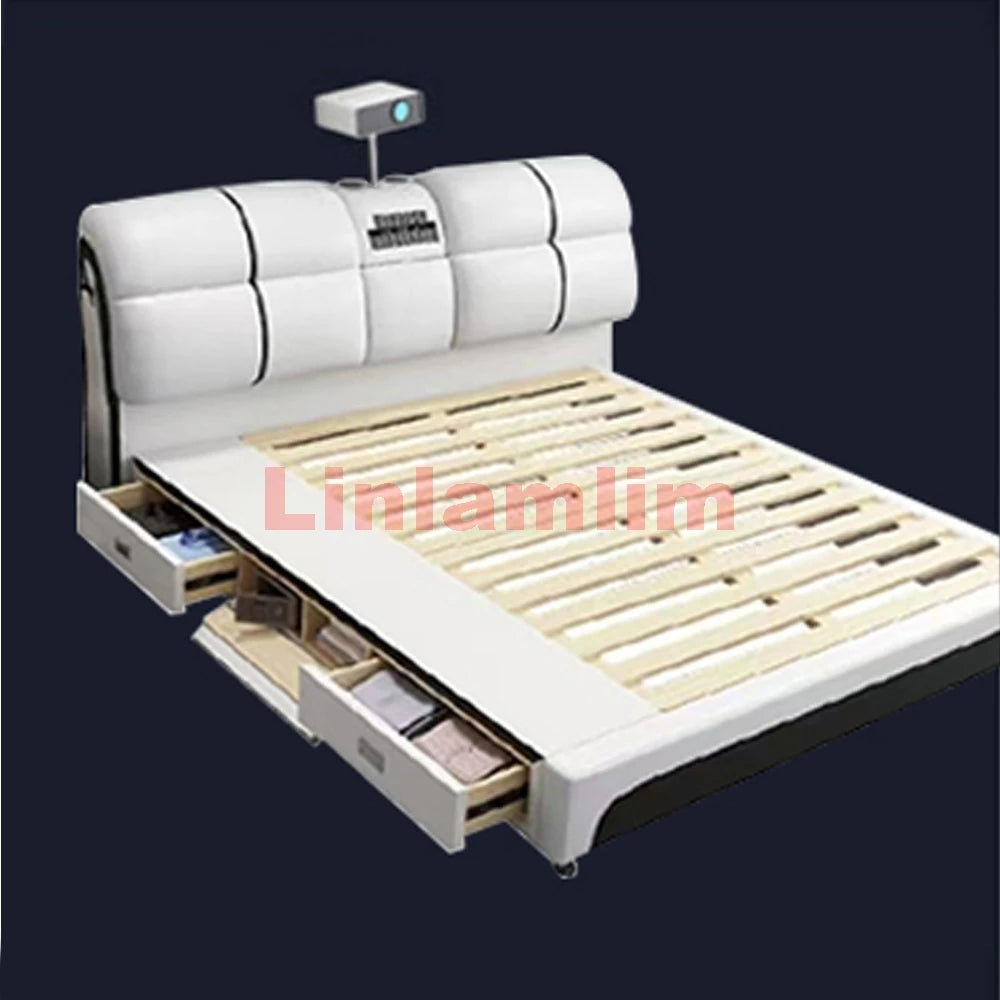 Linlamlim Tech-Smart Multifunctional Bed Genuine Leather Ultimate Camas Tatami Lit with Massage, Projector, Air Purifier,Speaker