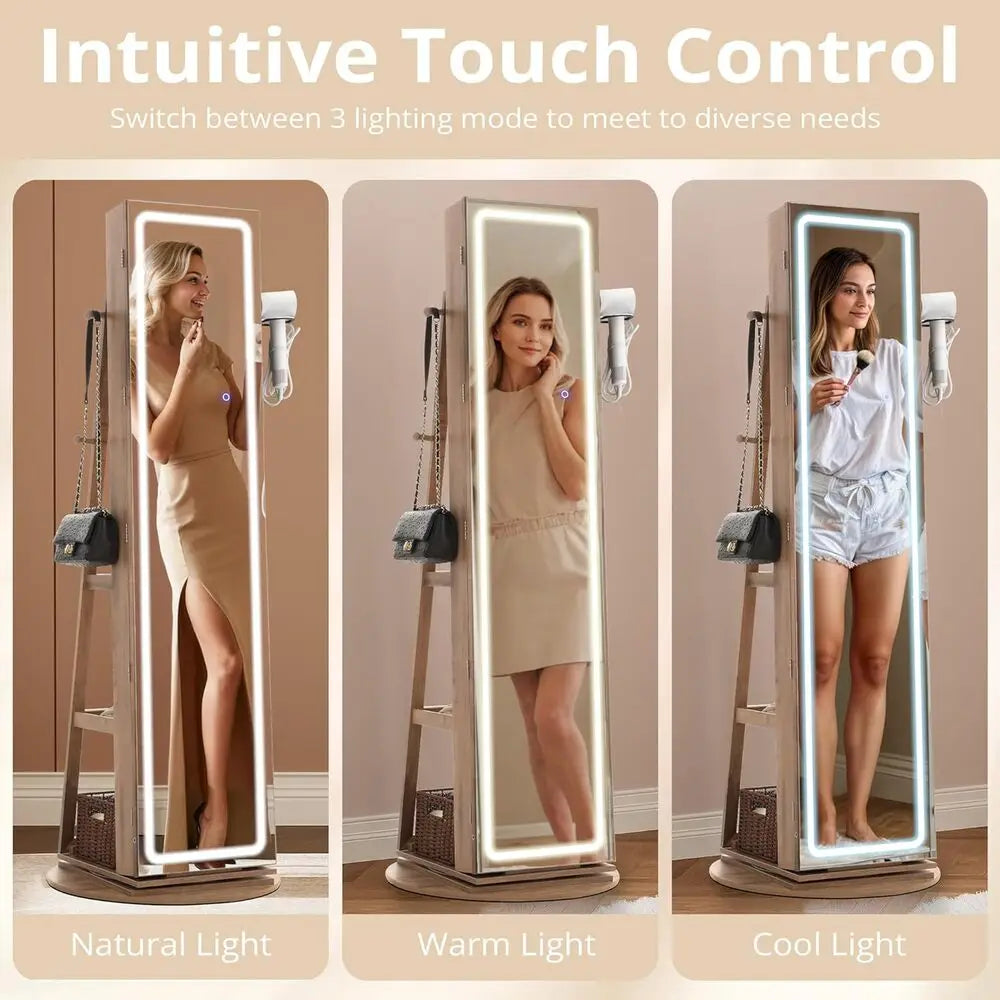 IRONCK LED Mirror Jewelry Cabinet Standing,360° Swivel Lockable Jewelry Armoire with Full Length Mirror and Adjustable LED Light