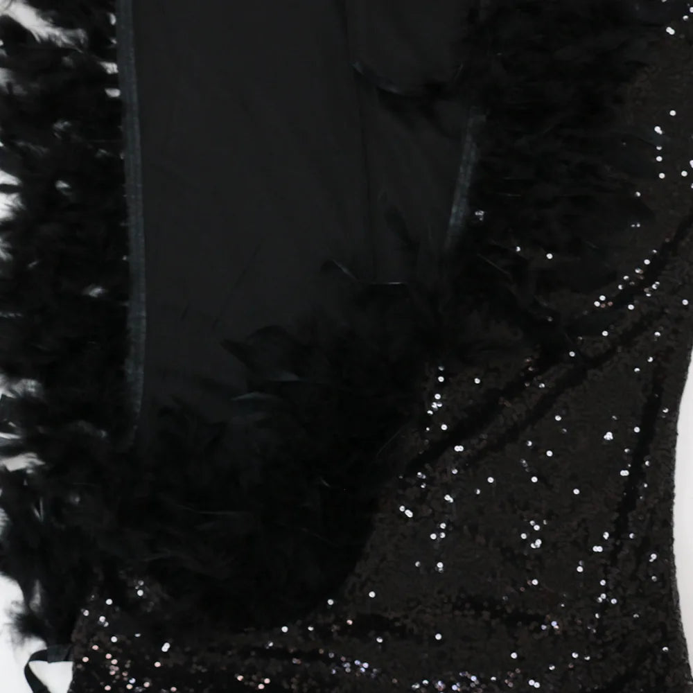 Dress Floor Length Dresses Women Party Gown Sequin Feather Hip Wrap Sexy Slim Fit Vestidos Sleeveless V Neck Backless Evening