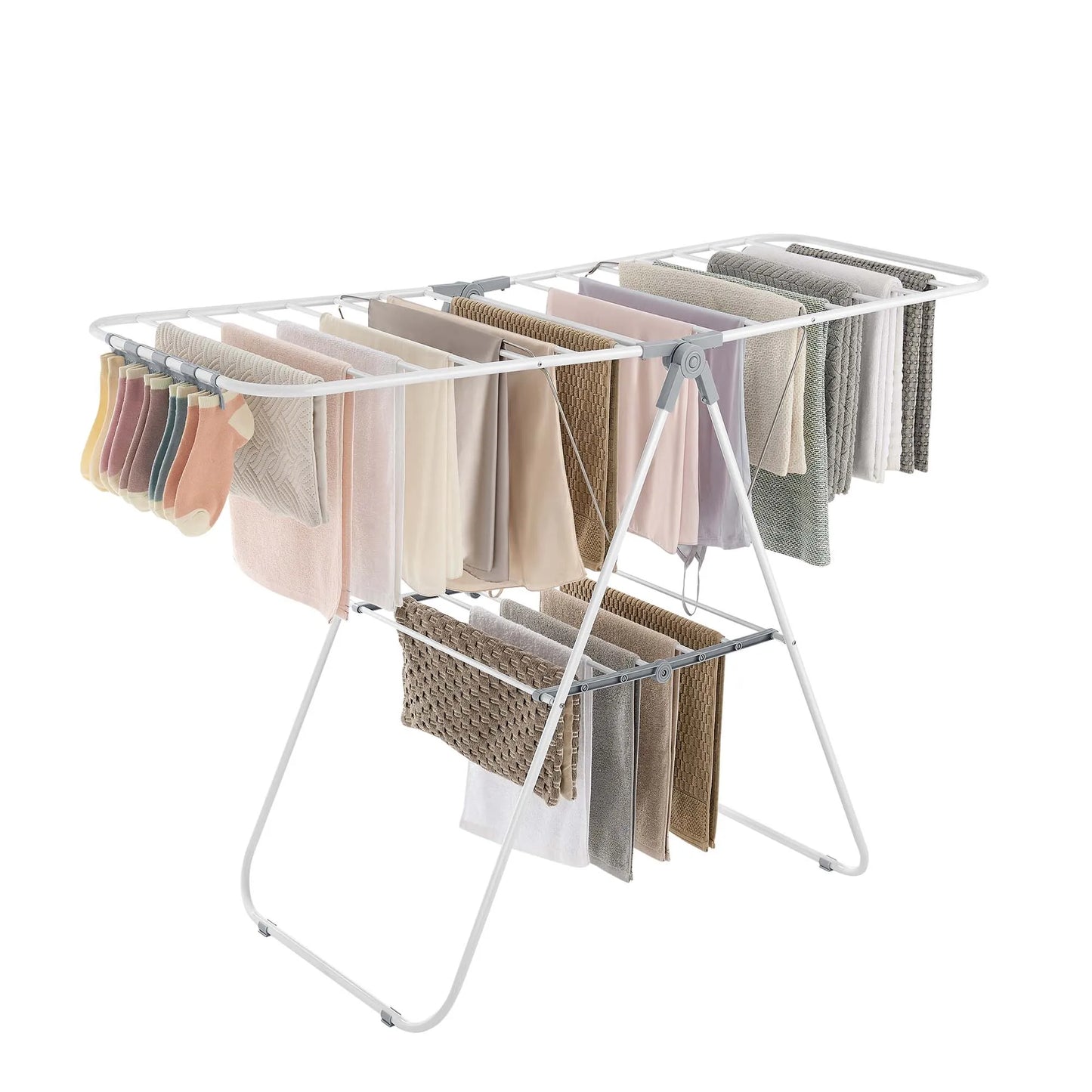 SONGMICS Clothes Drying Rack, With Sock Clips, Metal Laundry Rack, Foldable, Space-Saving, Free-Standing Airer, With Height-A