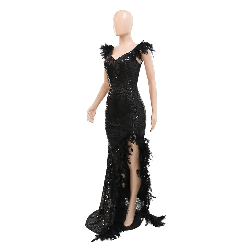 Dress Floor Length Dresses Women Party Gown Sequin Feather Hip Wrap Sexy Slim Fit Vestidos Sleeveless V Neck Backless Evening