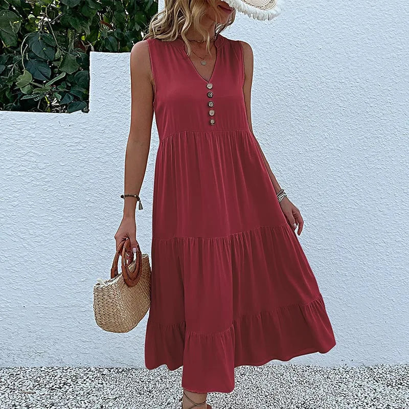 Dresses for Women 2025 Summer V-neck Single-breasted Vest Dress Sleeveless Loose Casual Solid Color Dress Vestidos De Mujer