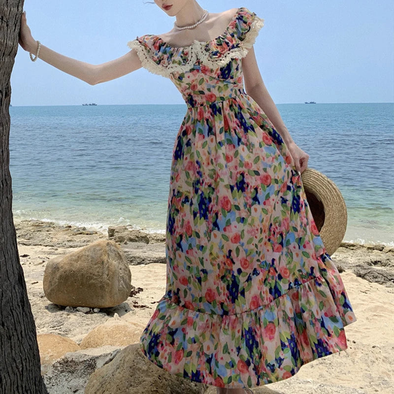 Elegant Dress for Women Print Slash Neck French Style Fashion Dresses Pleated Slim Folds Sweet Vintage New Women's Summer Dress