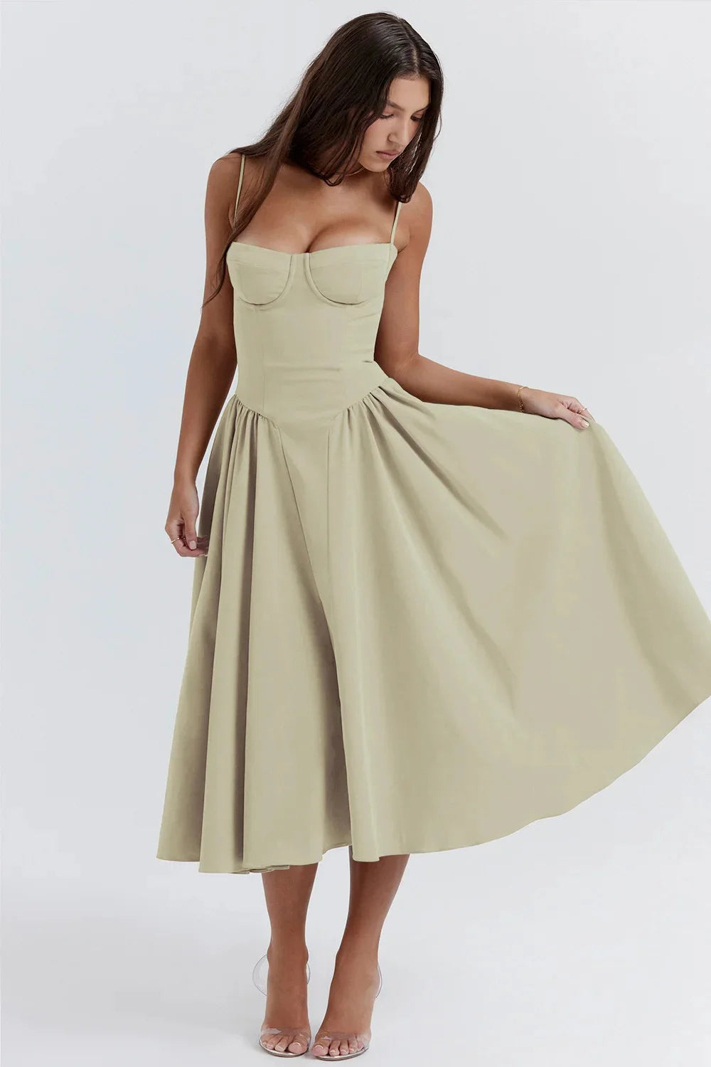 New Suspender Slim Backless Midi Dress Women Elegant Sleeveless Solid Large Hem A Line Dresses Summer Female Party Evening Robes