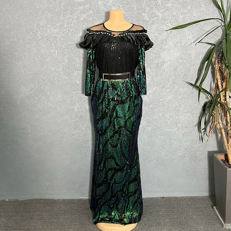African Dresses For Women 2022 Lady Elegant Glittering Evening Dress Sparkle Sequin Sexy Sheath Maxi Party Gowns Come With Belt