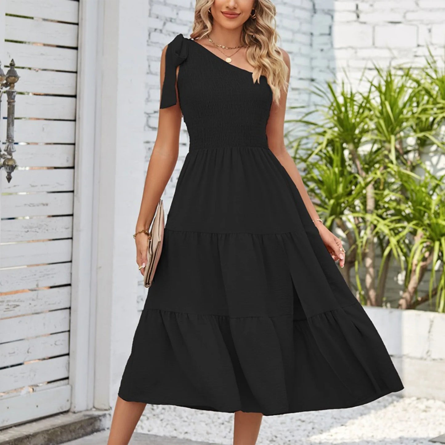 Elegant Dresses For Women Women'S Summer Casual One Shoulder Sleeveless Smocked Elastic Waist Tiered Midi Dress платье