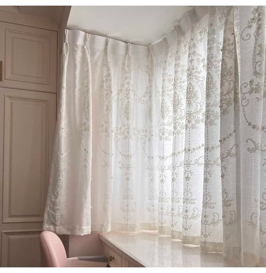 White Elegant Lxury Curtains, Tulle Contain Pearls Embroidery Beads Window Drapes ,Curtain Volie Sheer for Living Room Finished