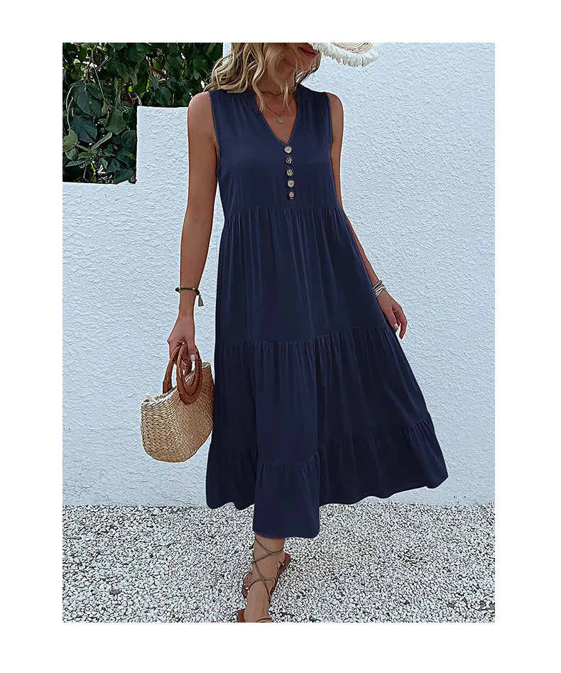 Dresses for Women 2025 Summer V-neck Single-breasted Vest Dress Sleeveless Loose Casual Solid Color Dress Vestidos De Mujer