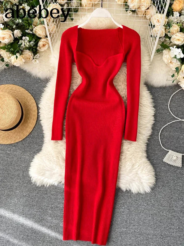 Dresses For Women 2026 Sexy Strapless Ribbed Knitted Bodycon Dress Women Winter Long Sleeve Midi Sweater Dress Clothes