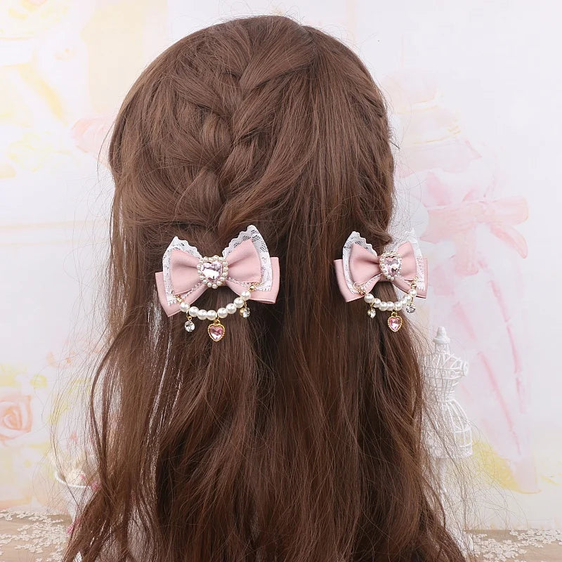 Accessories for Women Pearls Rhinestone Bow  Hair Clips for Women Bowknot Handmade Baroque Lolita Party Jewelry Gifts Y2K Girl