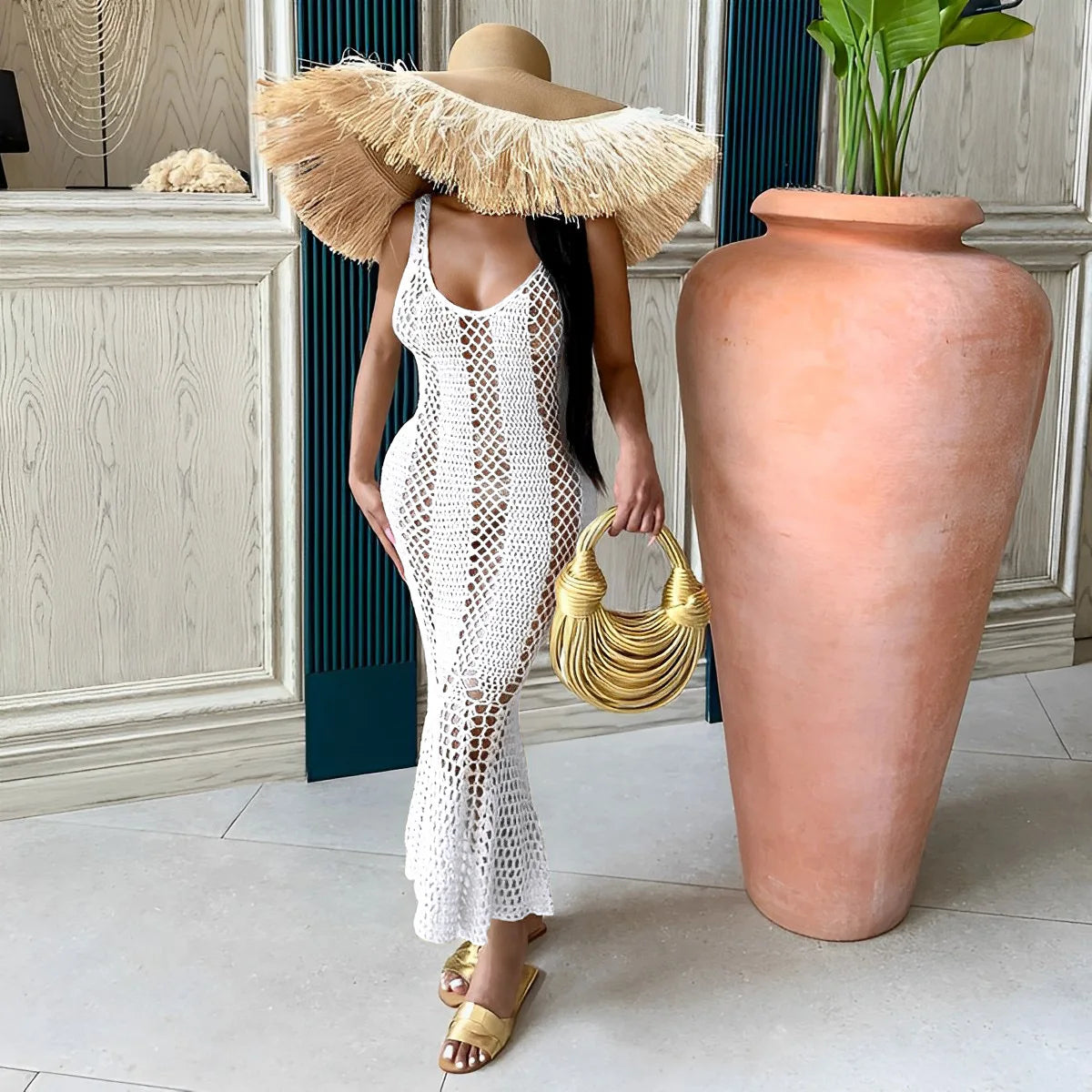 CM.YAYA Women Sleeveless Hollow Out Knit Ribbed Crochet Tank Mermaid Bodycon Midi Dress 2023 Sexy Party Club Vestidos Dresses