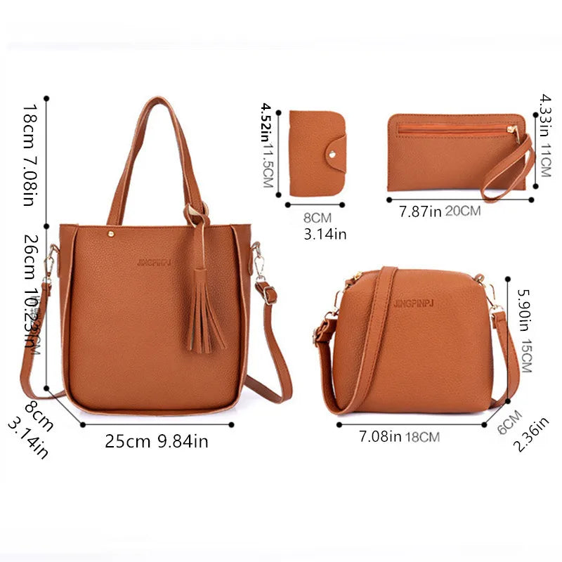 4pcs/set Tassel Bucket Women's Handbag Stylish Crossbody Bag Clutch and Wallet, Solid Color PU Shoulder Bags for Women Daily Use