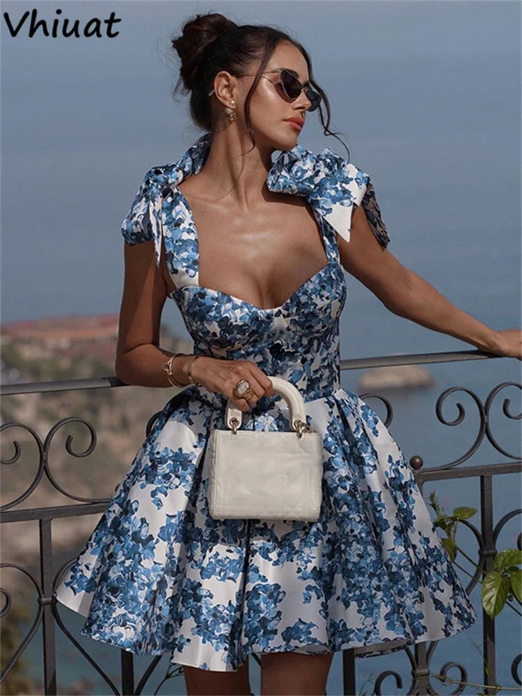 Vhiuat Blue Floral Print Cute Elegant Off Shoulder Mini A-Line Dress Lace Up Fashion Women Party Evening Dresses Summer 2024