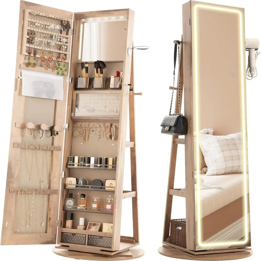 IRONCK LED Mirror Jewelry Cabinet Standing,360° Swivel Lockable Jewelry Armoire with Full Length Mirror and Adjustable LED Light
