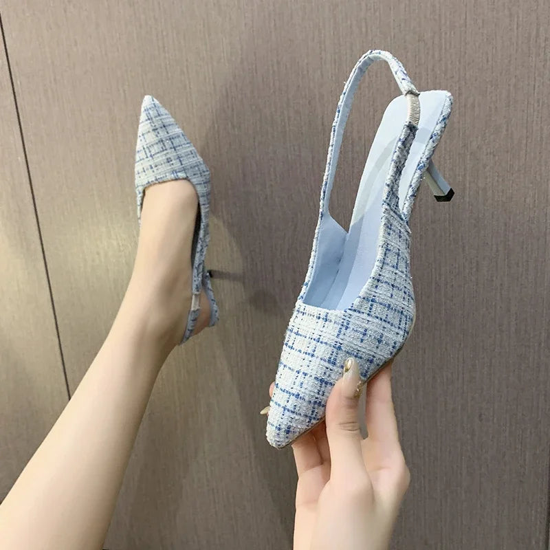 Sea Salt Blue Pointed High Heel Sandals for Women Back Hollow Half Headed Single Shoes Fashion Versatile Casual Shoes