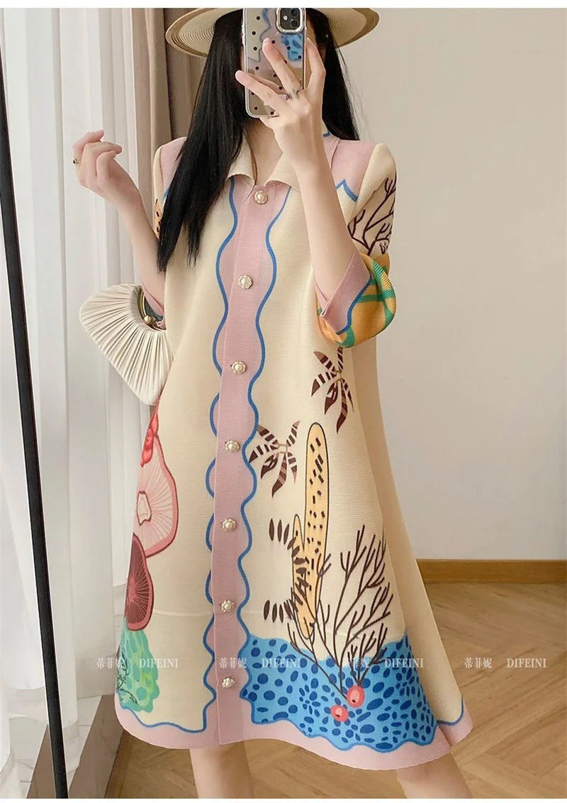 Womens Dresses Evening Dresses Beautiful Lssey Miyake Pleated Dress Summer new Fashion Lapel Loose Slim Long Print Fat mm Skirt