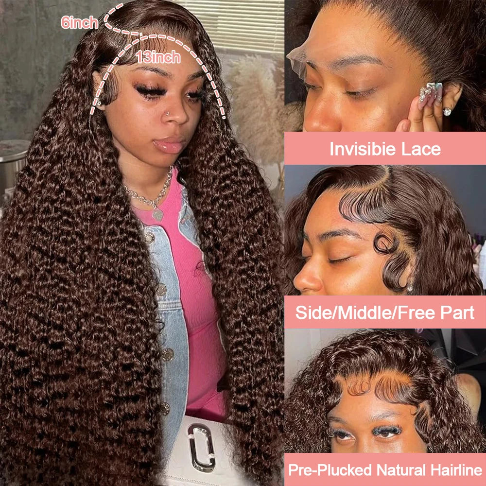 Deep Curly Human hair Wigs Chocolate Brown 13x4 13x6 Hd Lace Frontal Wig Colored Water Wave Lace Front Wig For Women 30 36 Inch