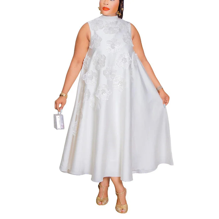 Elegant Dresses for Woman 2025 New O Neck Sleeveless Floral Decorate Straight Ankle Length Fashion Ladies Birthday Party Dress