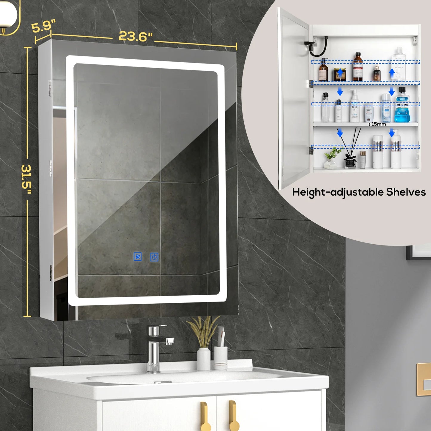 VOWNER Bathroom Medicine Cabinet with LED Lights and Mirror,  with Adjustable Shelf, Defogger, Memory 3-Color Mode, Dimmer