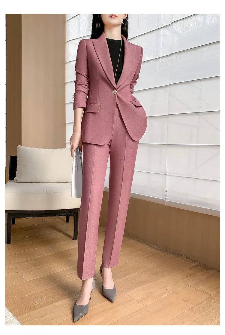 Fashion New Women Vintage Formal Solid Pantsuit Elegant Chic Blazer Coat Straight Pants Outfits Female Interview Two Pieces Set