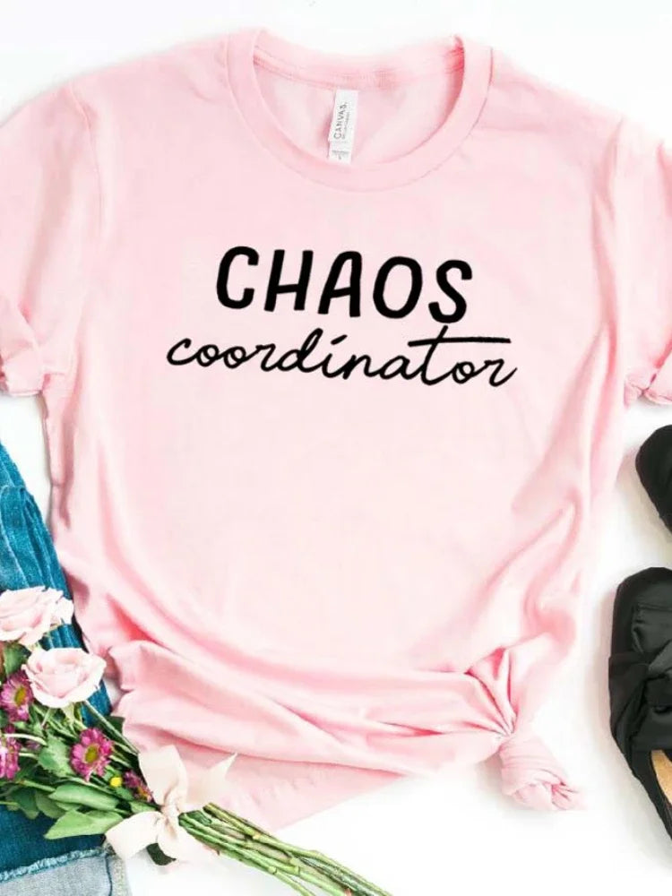 Women T Shirt Chaos Coordinator Letters Print Tshirt Women Short Sleeve O Neck Loose T-shirt Ladies Causal Tee Shirt Tops