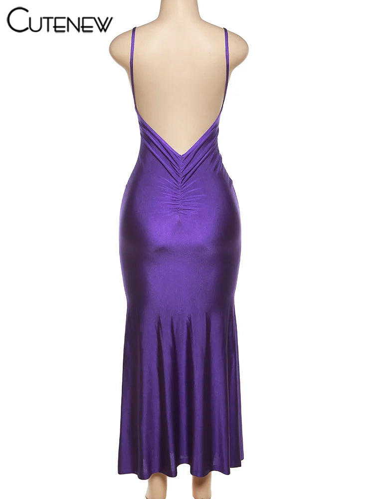 Cutenew Red Shiny Spaghetti Strap Maxi Dress Women Solid Sexy Backless Ruched Cleavage Body-shaping Robe Lady Hipster Streetwear