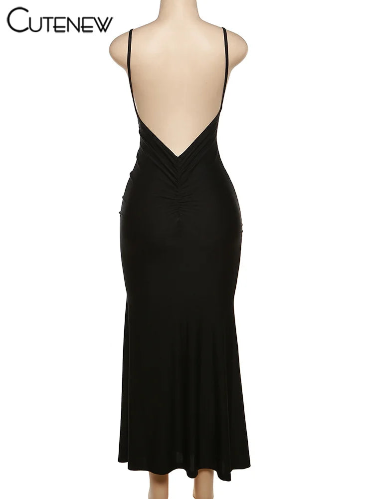 Cutenew Red Shiny Spaghetti Strap Maxi Dress Women Solid Sexy Backless Ruched Cleavage Body-shaping Robe Lady Hipster Streetwear