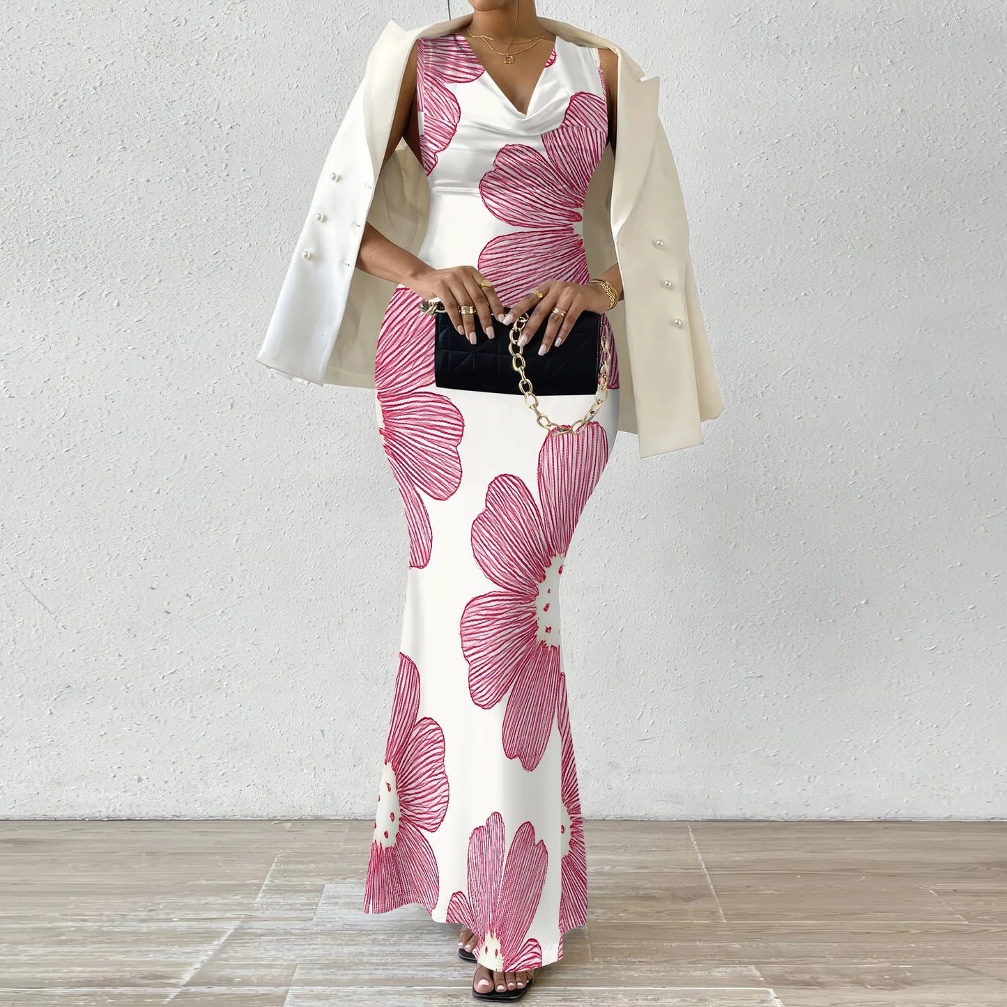 Women's Summer Rehearsal Dinner Dresses for Bride Sexy Floral Bodycon Dress Mermaid Elegant Sleeveless V Neck Formal Maxi Dresse