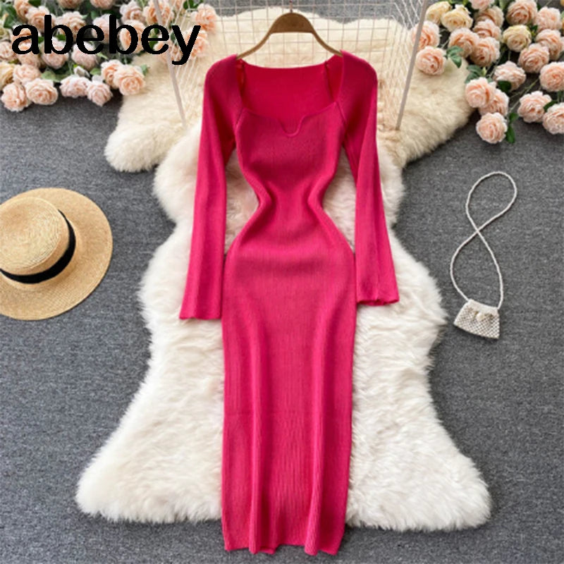 Dresses For Women 2026 Sexy Strapless Ribbed Knitted Bodycon Dress Women Winter Long Sleeve Midi Sweater Dress Clothes