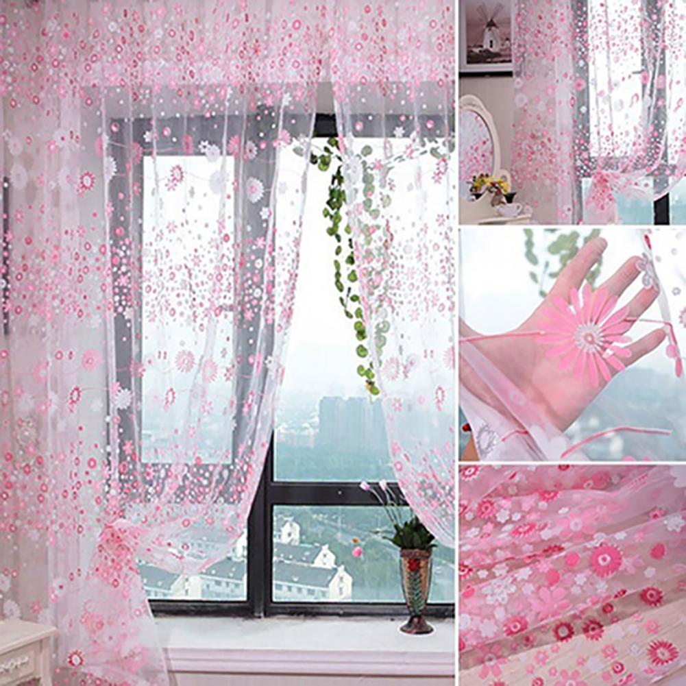 200X100cm Floral Pattern Window Curtain Summer Transparent Room Decor Window Screening Door Curtains Drape Panel Sheer Tulle