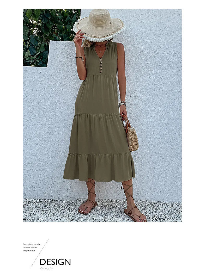 Dresses for Women 2025 Summer V-neck Single-breasted Vest Dress Sleeveless Loose Casual Solid Color Dress Vestidos De Mujer