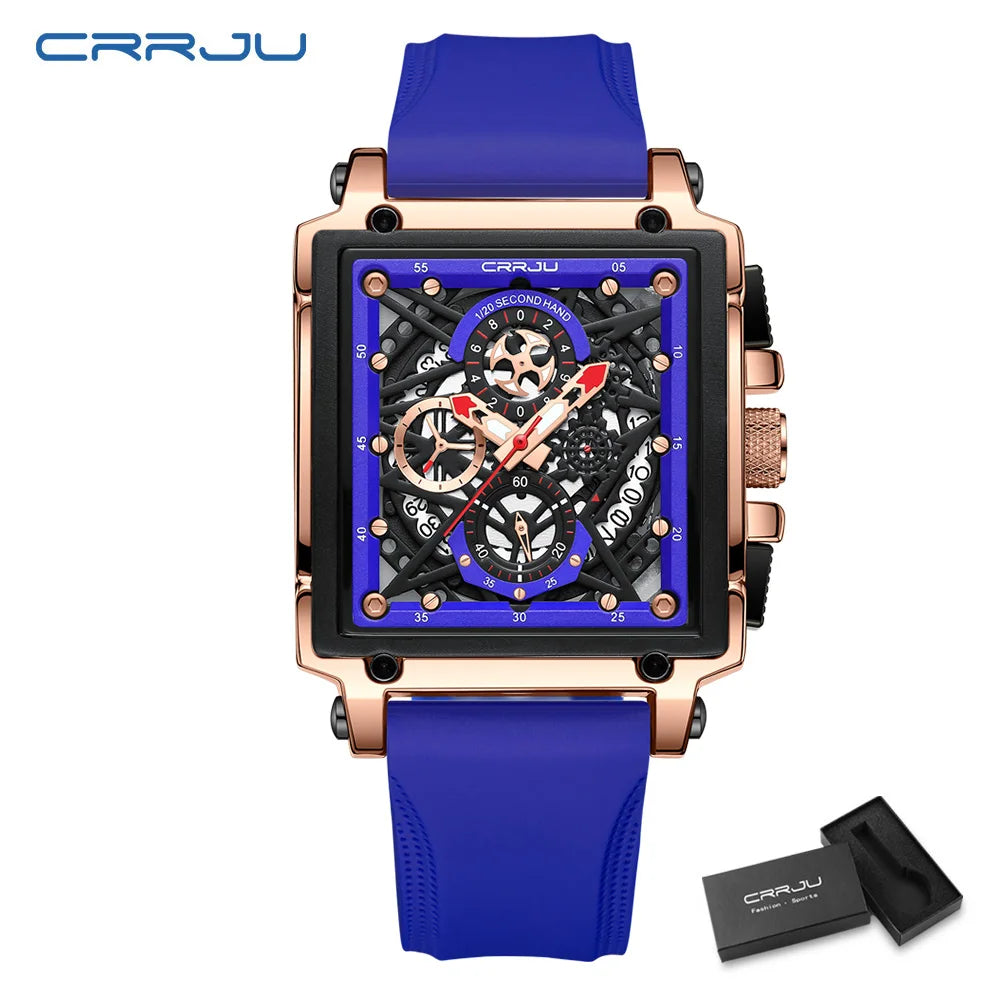 CRRJU Fashion Sports Watches with Large Dial Unique RectangularHollow Design Quartz Wristwatches with Chrongraph Auto Date