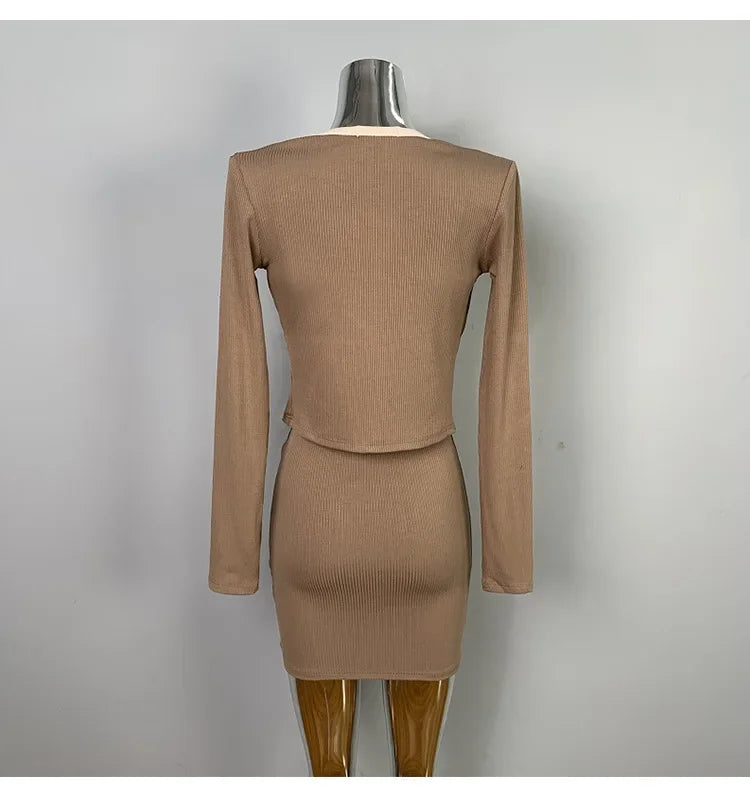 Korean Dongdaemun Slim Fit Sexy Pure Desire Wrap Body Strap Dress Long Sleeve Cardigan Two Piece Set Women's Fashion Outfit