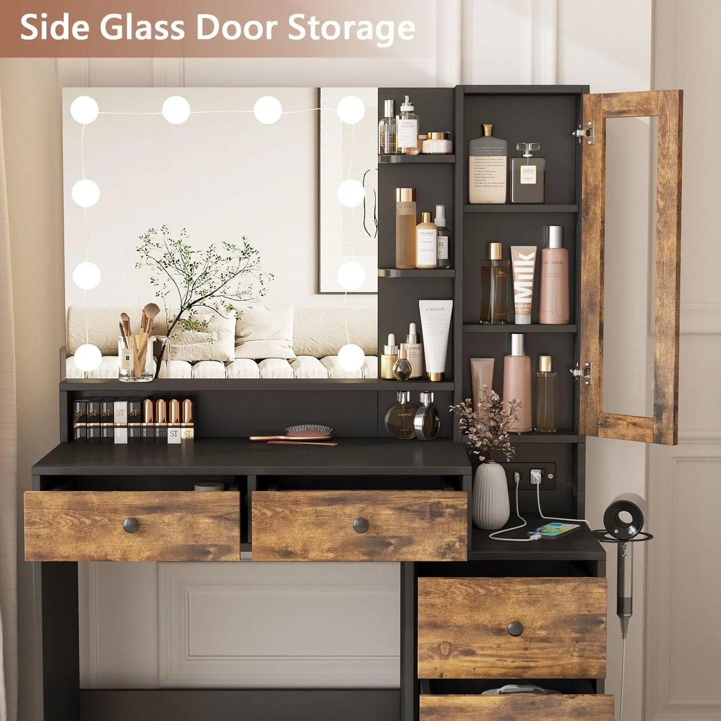 Vabches Vanity Desk with Mirror Lights Makeup Vanity Table with Power Strip&Visible Storage Cabinet Wood 5 Drawer Dressing Table