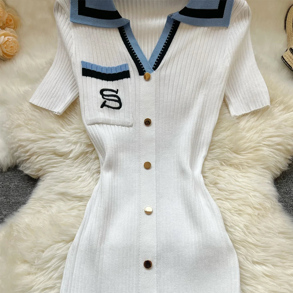 YuooMuoo Chic Fashion Sexy Package Hips Knitted Long Dress Women Brand Fashion Turn-down Collar Embroidery Bodycon Shirt Dress