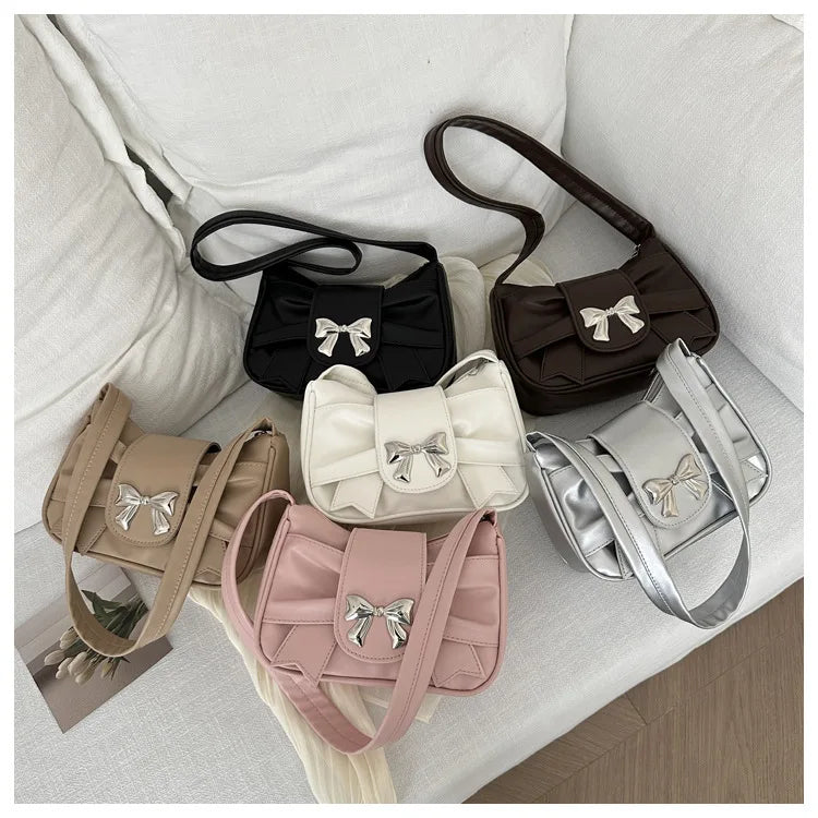 Sweet Bow Small Underarm Bag for Women Fashion PU Leather Ladies Portable Shoulder Bags Solid Color Female Clutch Handbags